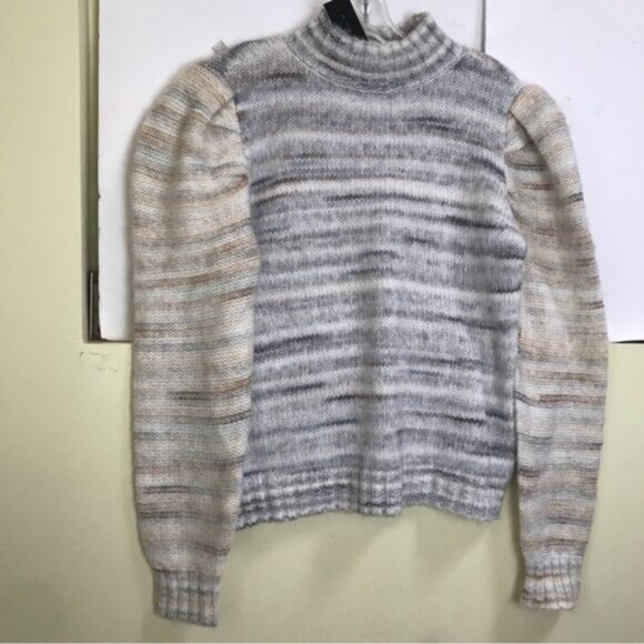 HALSTON NEW Puff Sleeve Sweater Chunky Knit Striped Mock Neck Cozy Wool Blend S - Picture 7 of 12